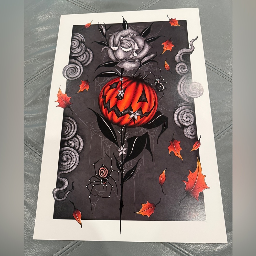 🟣3/$30 Halloween Pumpkin, Rose, and Spider Art Print 12x18